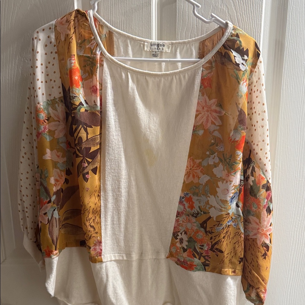 Umgee Cream Top with Mustard Floral Panels